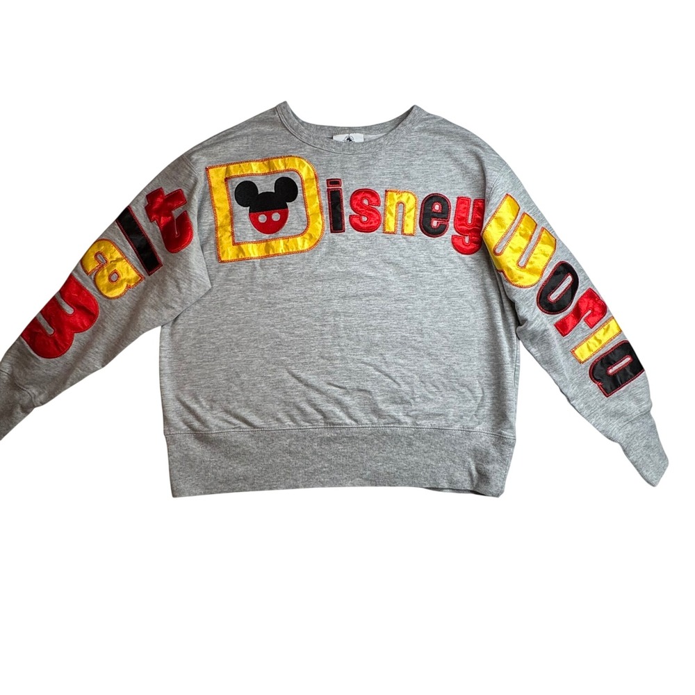 Disney Parks Walt Disney World Gray Sweatshirt Mickey Mouse Spellout Applique S - Picture 1 of 6